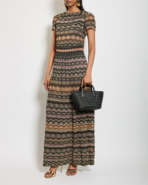 M Missoni Metallic Brown, Black and Pink Zig-Zag Maxi Dress IT 42 (UK 10)