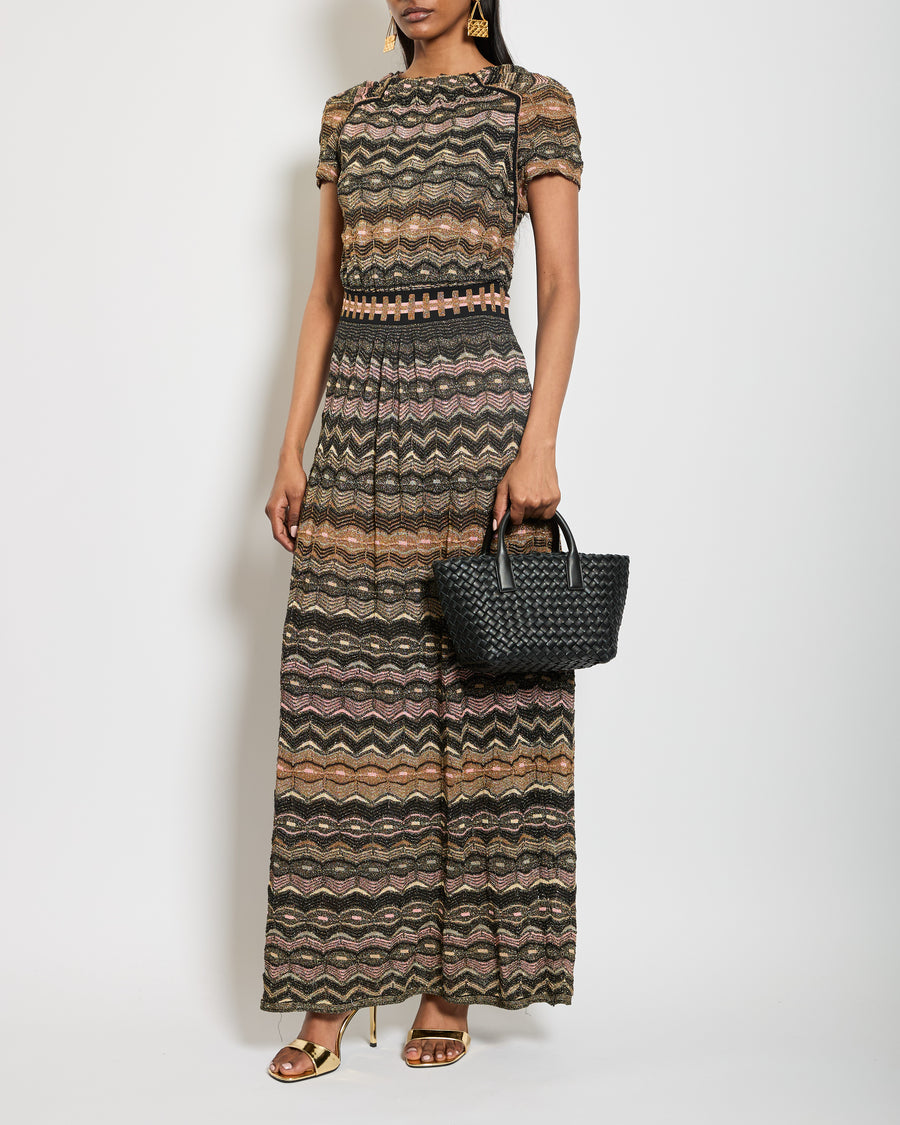 M Missoni Metallic Brown, Black and Pink Zig-Zag Maxi Dress IT 42 (UK 10)