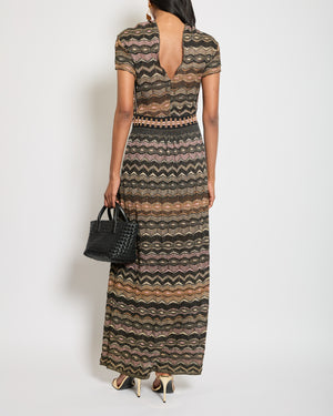 M Missoni Metallic Brown, Black and Pink Zig-Zag Maxi Dress IT 42 (UK 10)