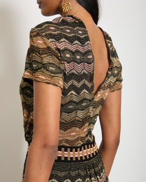 M Missoni Metallic Brown, Black and Pink Zig-Zag Maxi Dress IT 42 (UK 10)