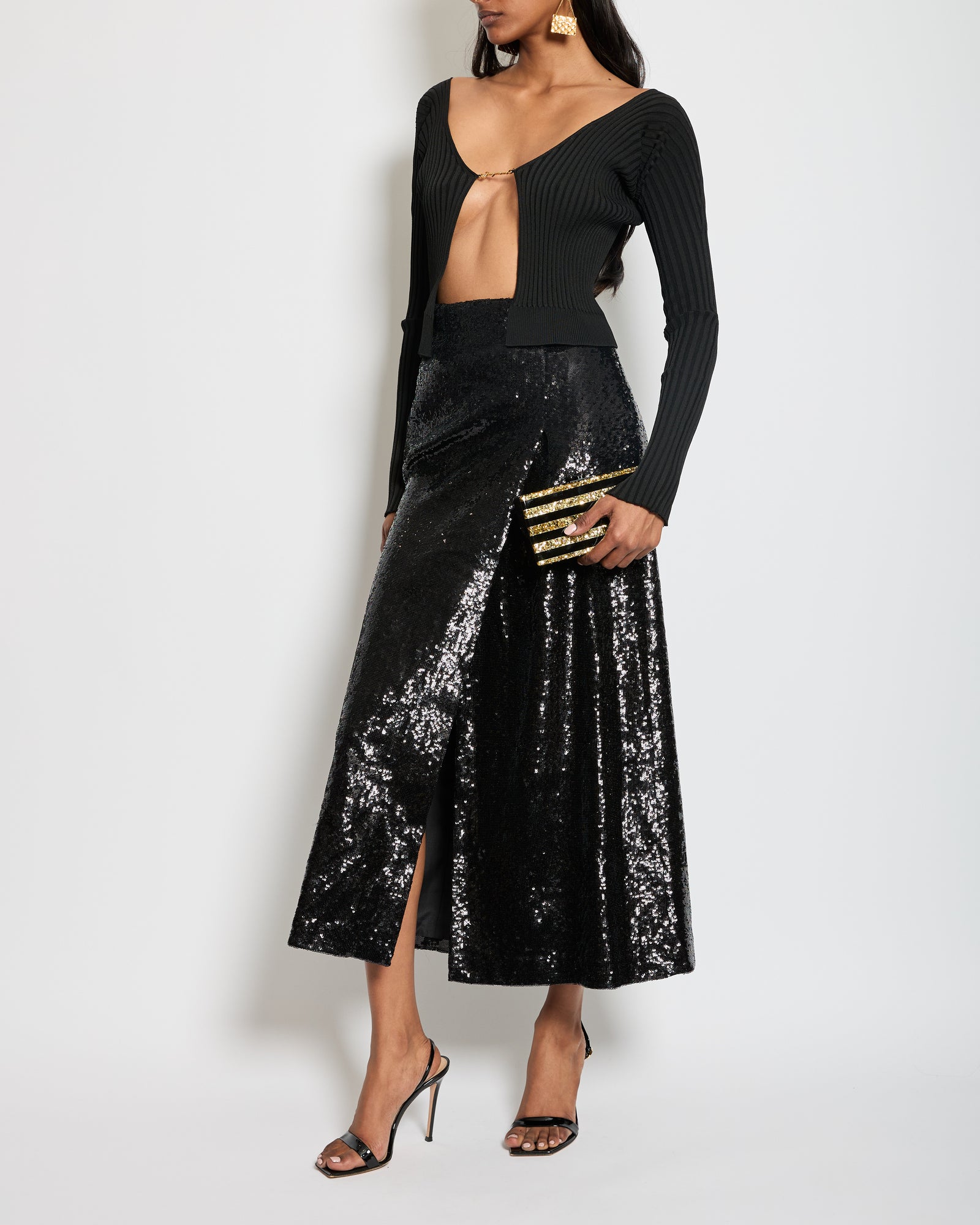 スカート MIU MIU Quilting Skirt 38 Miu Miu Black Sequin Straight Midi Skirt with Split Size IT 38 (UK