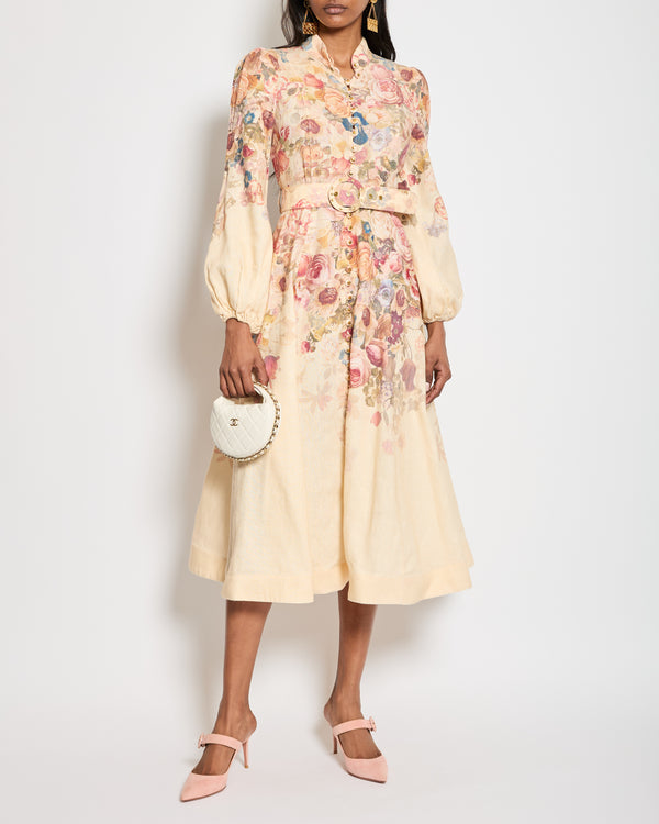 Zimmermann Beige Linen Pink Floral Printed Maxi Dress with Gold Button Details Size 1 (UK 10)