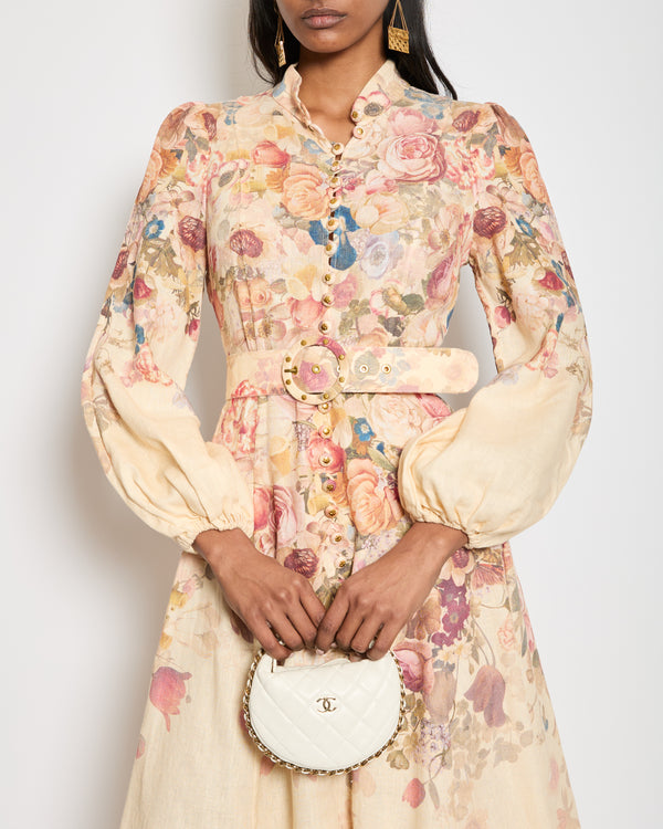 Zimmermann Beige Linen Pink Floral Printed Maxi Dress with Gold Button Details Size 1 (UK 10)