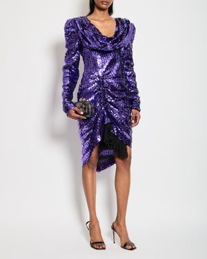 Preen By Thornton Bregazzi Purple Midi Long Sleeve Sequin Dress with Lace Trim Detail Size Medium (UK 8-10)