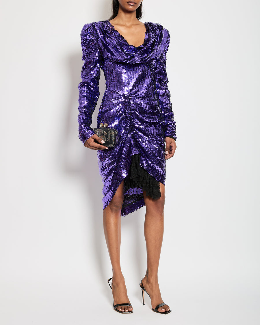 Preen By Thornton Bregazzi Purple Midi Long Sleeve Sequin Dress with Lace Trim Detail Size Medium (UK 8-10)