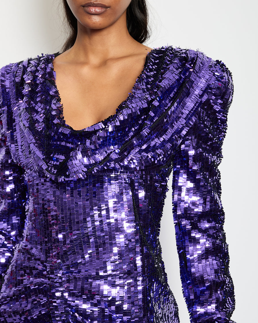 Preen By Thornton Bregazzi Purple Midi Long Sleeve Sequin Dress with Lace Trim Detail Size Medium (UK 8-10)