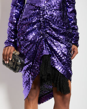 Preen By Thornton Bregazzi Purple Midi Long Sleeve Sequin Dress with Lace Trim Detail Size Medium (UK 8-10)