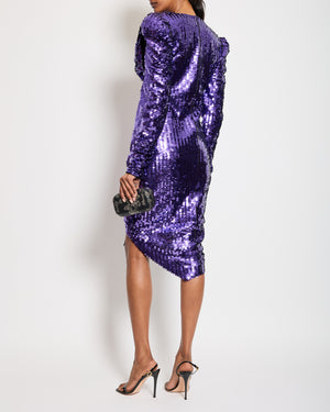 Preen By Thornton Bregazzi Purple Midi Long Sleeve Sequin Dress with Lace Trim Detail Size Medium (UK 8-10)