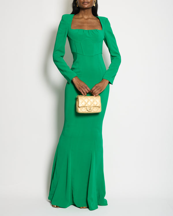 Roland Mouret Green Long Sleeve Maxi Dress with Corset Waist Detail Size UK 8
