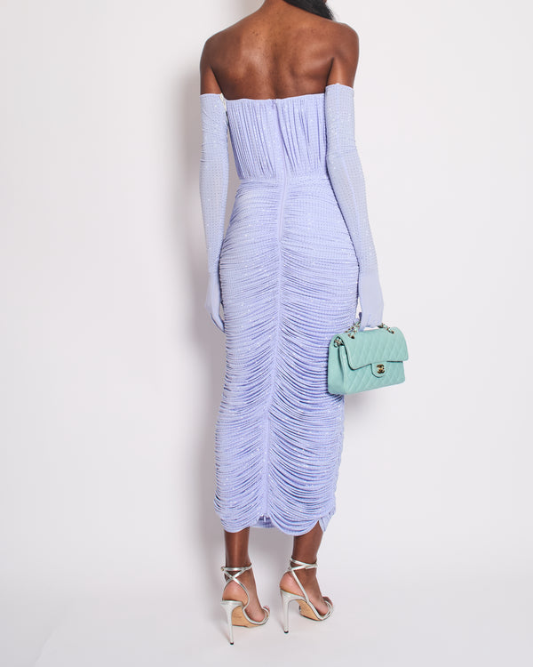 Alex Perry Lilac Crystal Embellished Ruched Jersey Midi Dress with Matching Gloves FR 42 (UK 14)