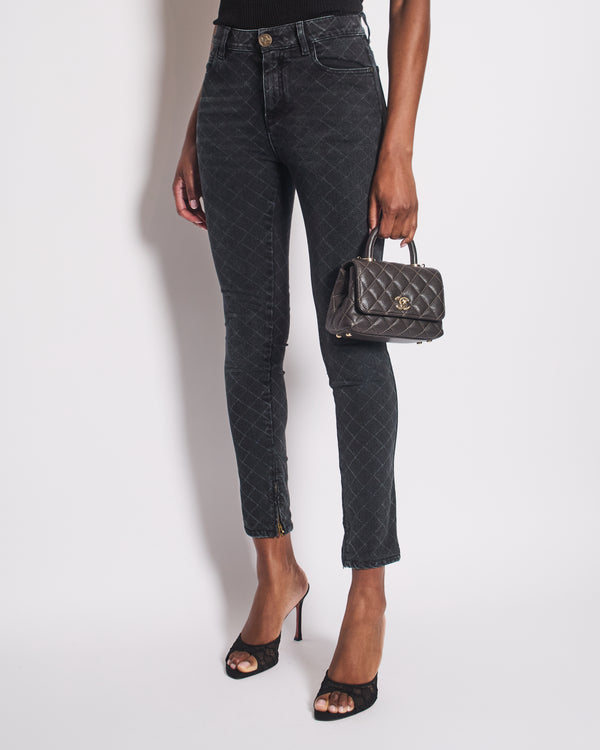 Chanel Dark Grey Quilted Skinny Jeans with Zip CC Logo Details Size FR 36 (UK 8)