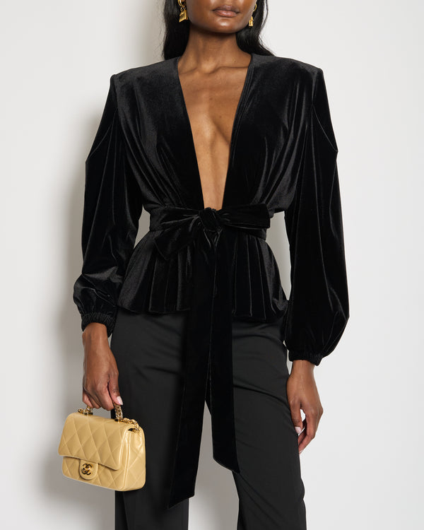 Alexandre Vauthier Black Velvet Top with Shoulder Pads and Belt Detail FR 34 (UK 6-8)