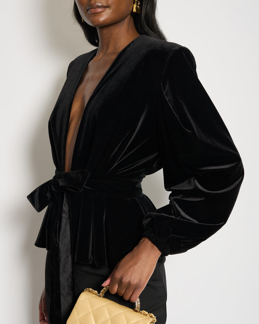 Alexandre Vauthier Black Velvet Top with Shoulder Pads and Belt Detail FR 34 (UK 6-8)