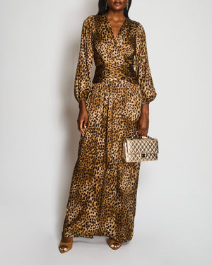 Jonathan Simkhai Leopard Print Satin Jumpsuit With V-Neck and Ruched Waistline Size US 4 (UK 8)