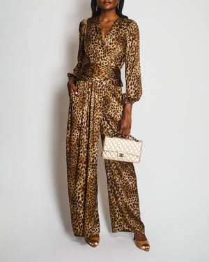 Jonathan Simkhai Leopard Print Satin Jumpsuit With V-Neck and Ruched Waistline Size US 4 (UK 8)