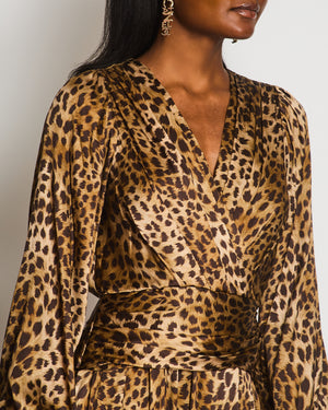 Jonathan Simkhai Leopard Print Satin Jumpsuit With V-Neck and Ruched Waistline Size US 4 (UK 8)