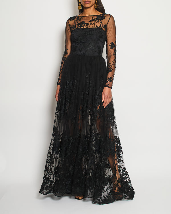 Zuhair Murad Black Long Sleeve Lace Maxi Gown Dress with Embroidery Details Size UK 10
