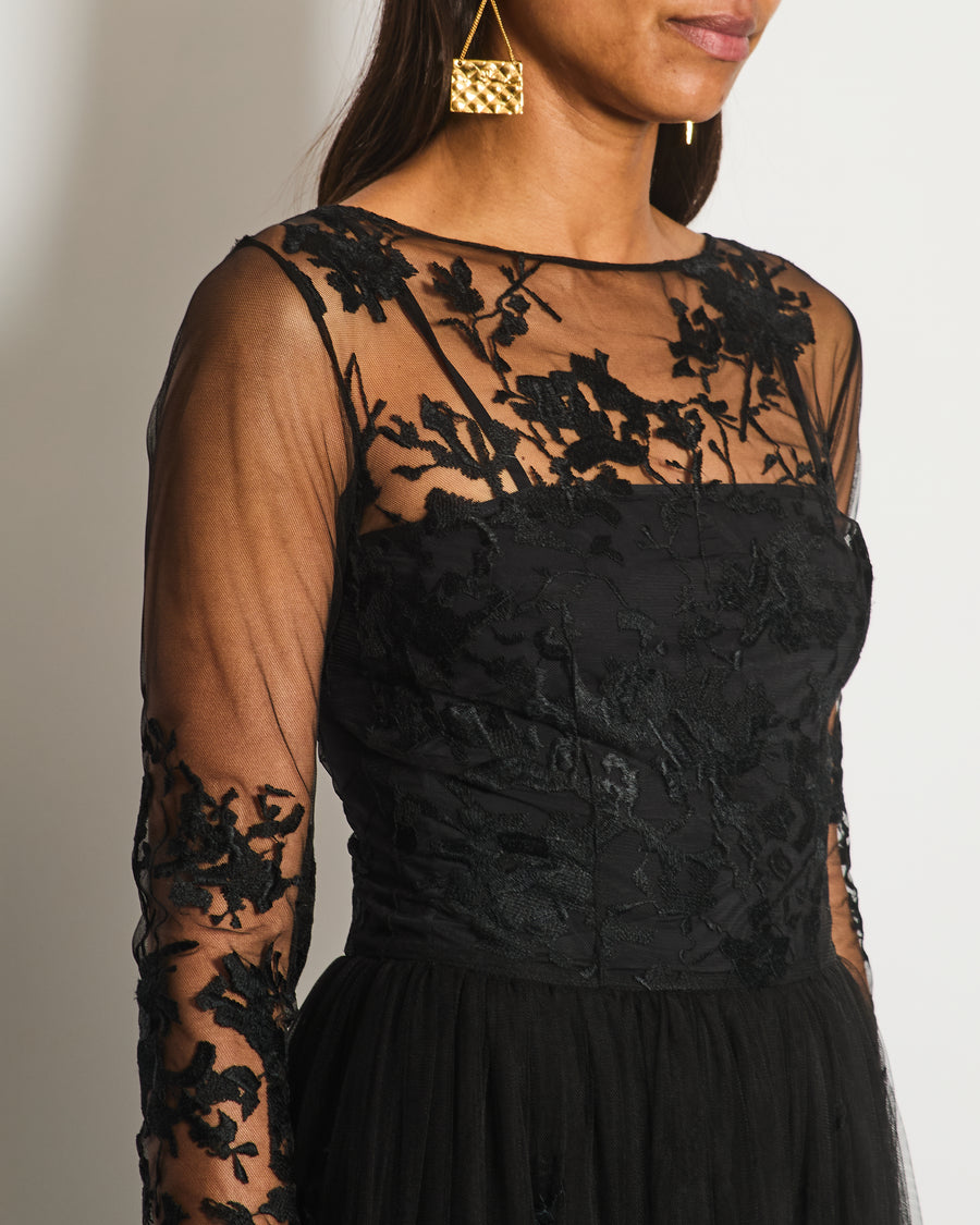 Zuhair Murad Black Long Sleeve Lace Maxi Gown Dress with Embroidery Details Size UK 10