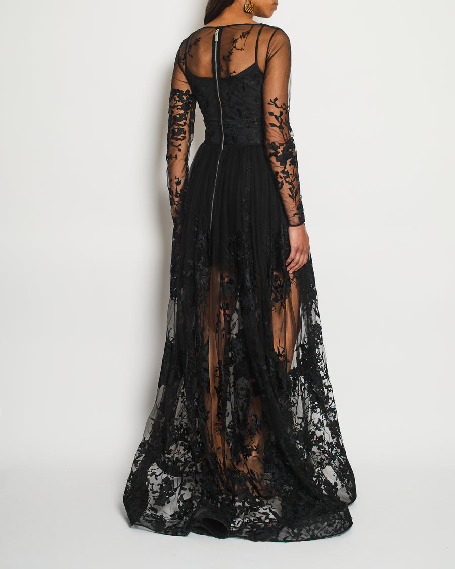 Zuhair Murad Black Long Sleeve Lace Maxi Gown Dress with Embroidery Details Size UK 10