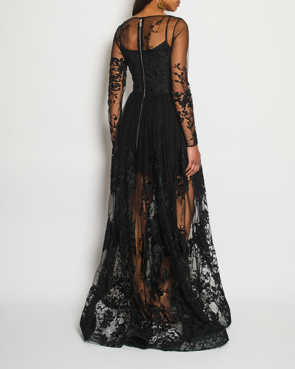 Zuhair Murad Black Long Sleeve Lace Maxi Gown Dress with Embroidery Details Size UK 10