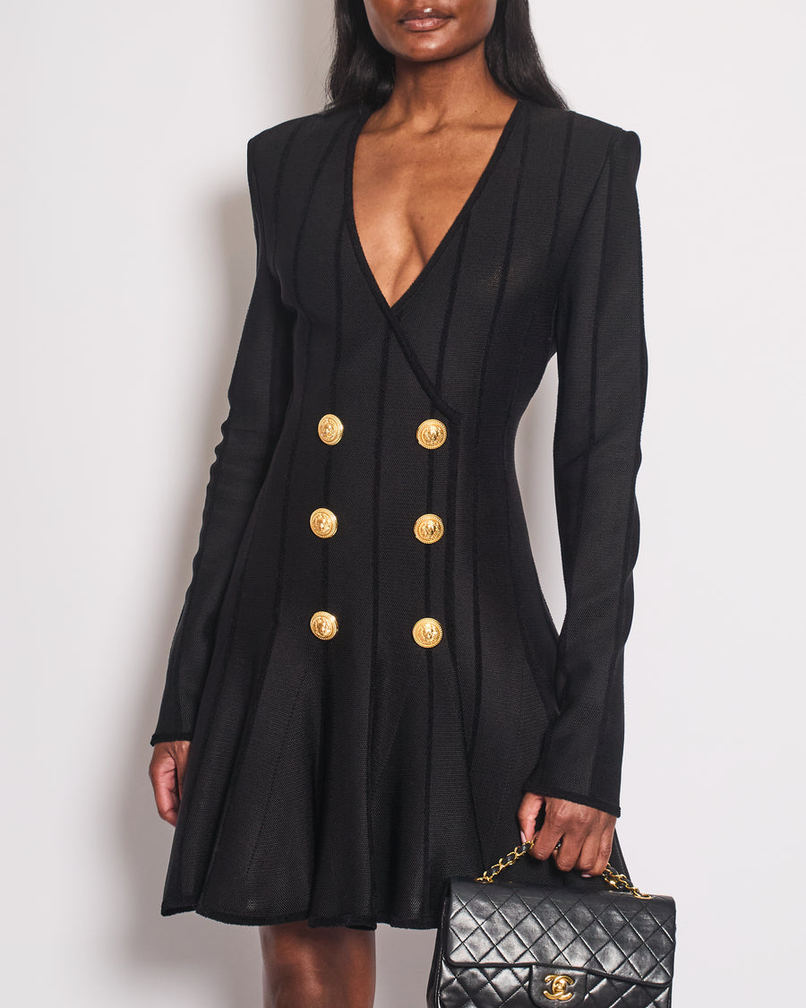 Balmain Black Striped Double Breasted Midi Dress with Gold Button Detail Size FR 44 (UK 16)