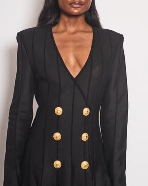 Balmain Black Striped Double Breasted Midi Dress with Gold Button Detail Size FR 44 (UK 16)