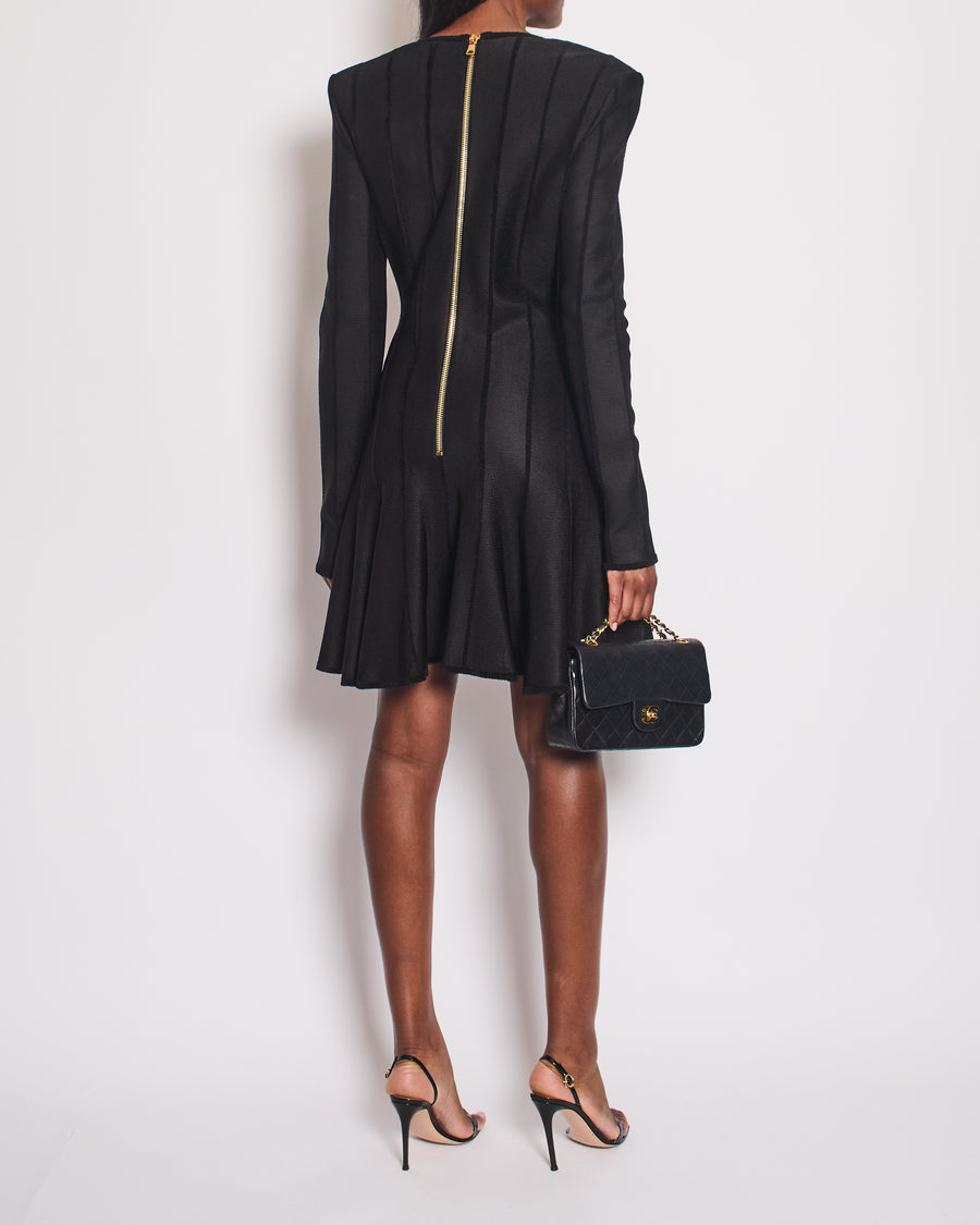 Balmain Black Striped Double Breasted Midi Dress with Gold Button Detail Size FR 44 (UK 16)