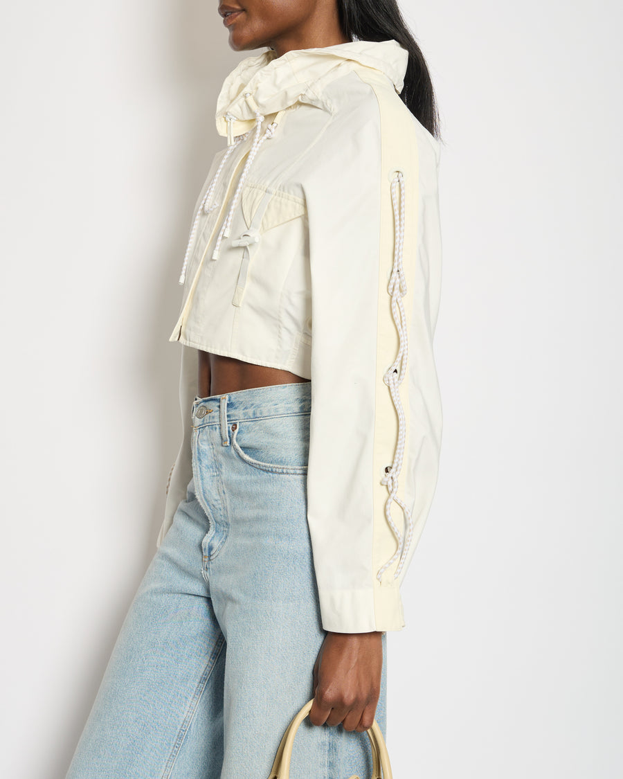 Hermès White and Ivory Cropped Oversize Jacket with String and Pocket Detail Size FR 38 (UK 10)