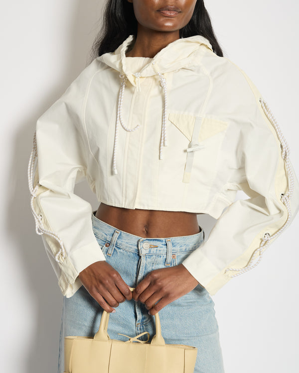 Hermès White and Ivory Cropped Oversize Jacket with String and Pocket Detail Size FR 38 (UK 10)