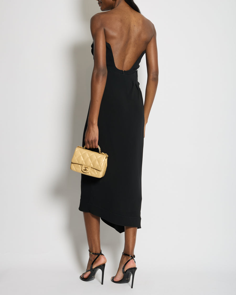 Mugler Black Asymmetrical Hem Corseted Strapless Dress With Tie Front Detail Size FR 38 (UK 10)