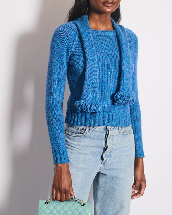 Chanel Blue Wool Jumper With Scarf Tie and Sparkle Detail Size FR 38 (UK 10)