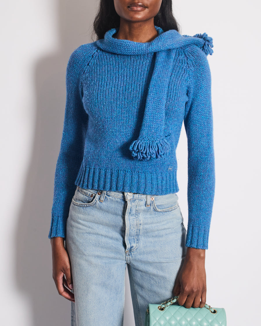 Chanel Blue Wool Jumper With Scarf Tie and Sparkle Detail Size FR 38 (UK 10)