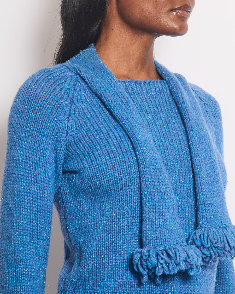 Chanel Blue Wool Jumper With Scarf Tie and Sparkle Detail Size FR 38 (UK 10)