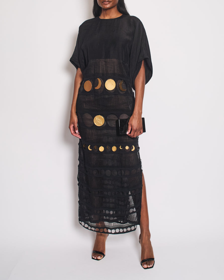 Loewe Black Sheer Cotton Maxi Dress with Embroidery and Gold Moon Charms Size IT 38 (UK 6)