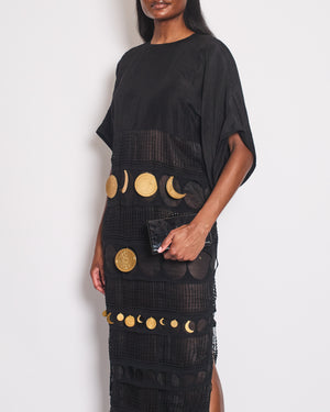 Loewe Black Sheer Cotton Maxi Dress with Embroidery and Gold Moon Charms Size IT 38 (UK 6)