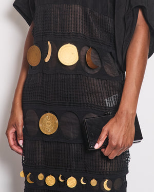 Loewe Black Sheer Cotton Maxi Dress with Embroidery and Gold Moon Charms Size IT 38 (UK 6)