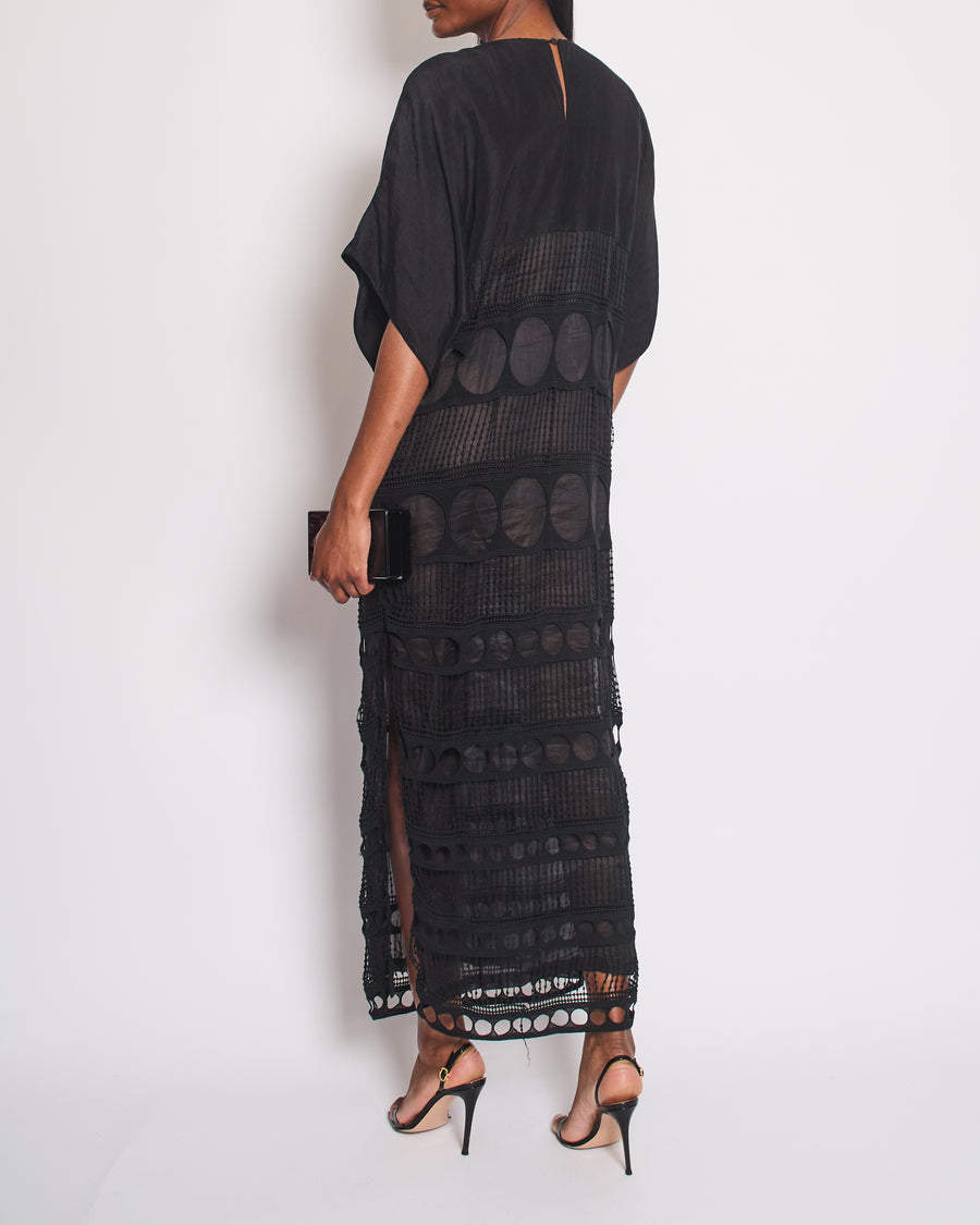 Loewe Black Sheer Cotton Maxi Dress with Embroidery and Gold Moon Charms Size IT 38 (UK 6)