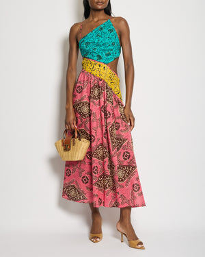Zimmermann Pink, Yellow and Blue Printed Cotton One Shoulder Midi Dress with Cross Back Tie Detail Size 1 (UK 10)