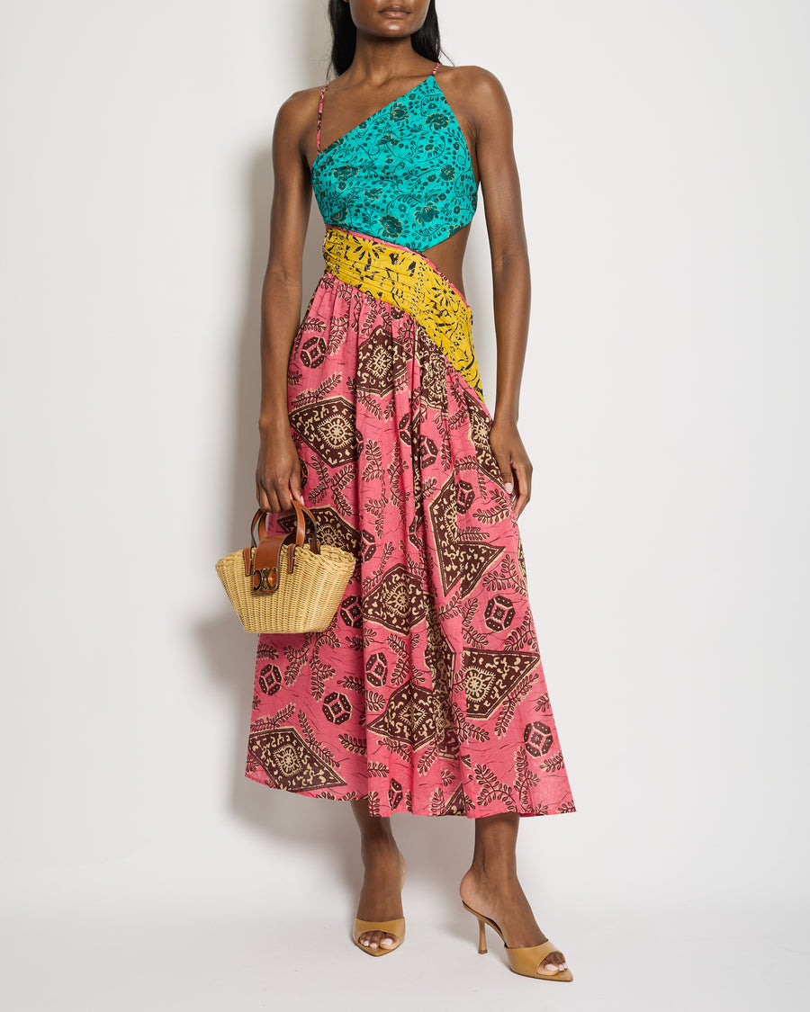 Zimmermann Pink, Yellow and Blue Printed Cotton One Shoulder Midi Dress with Cross Back Tie Detail Size 1 (UK 10)
