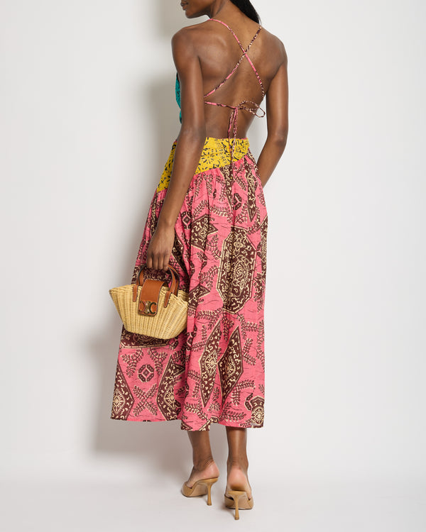 Zimmermann Pink, Yellow and Blue Printed Cotton One Shoulder Midi Dress with Cross Back Tie Detail Size 1 (UK 10)