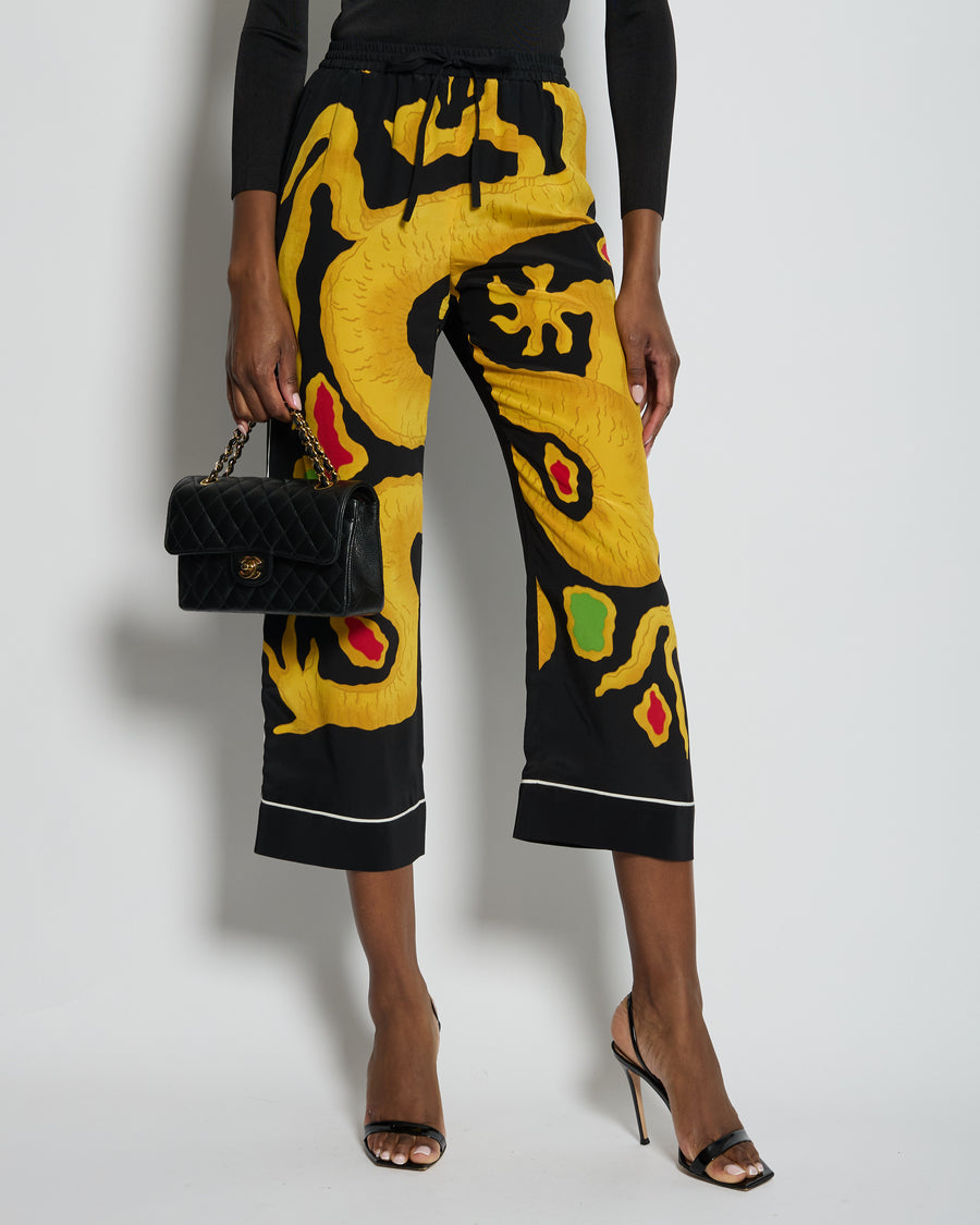 Valentino Black and Yellow Dragon Print Silk Wide Leg Trousers with White Trim IT 38 (UK 6)