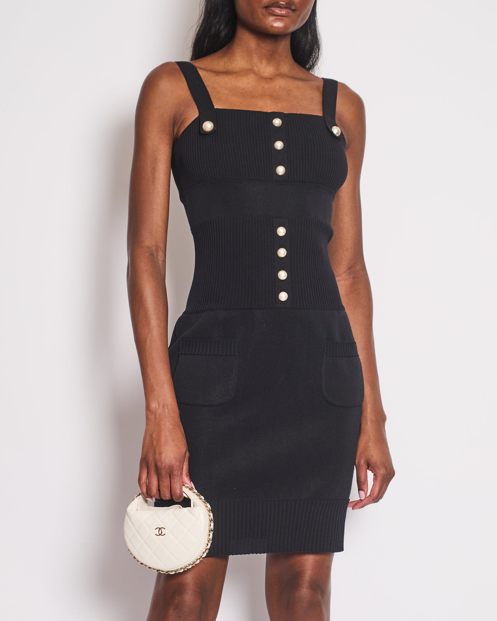 Chanel Black Knit Sleeveless Dress with Pearl Button Details