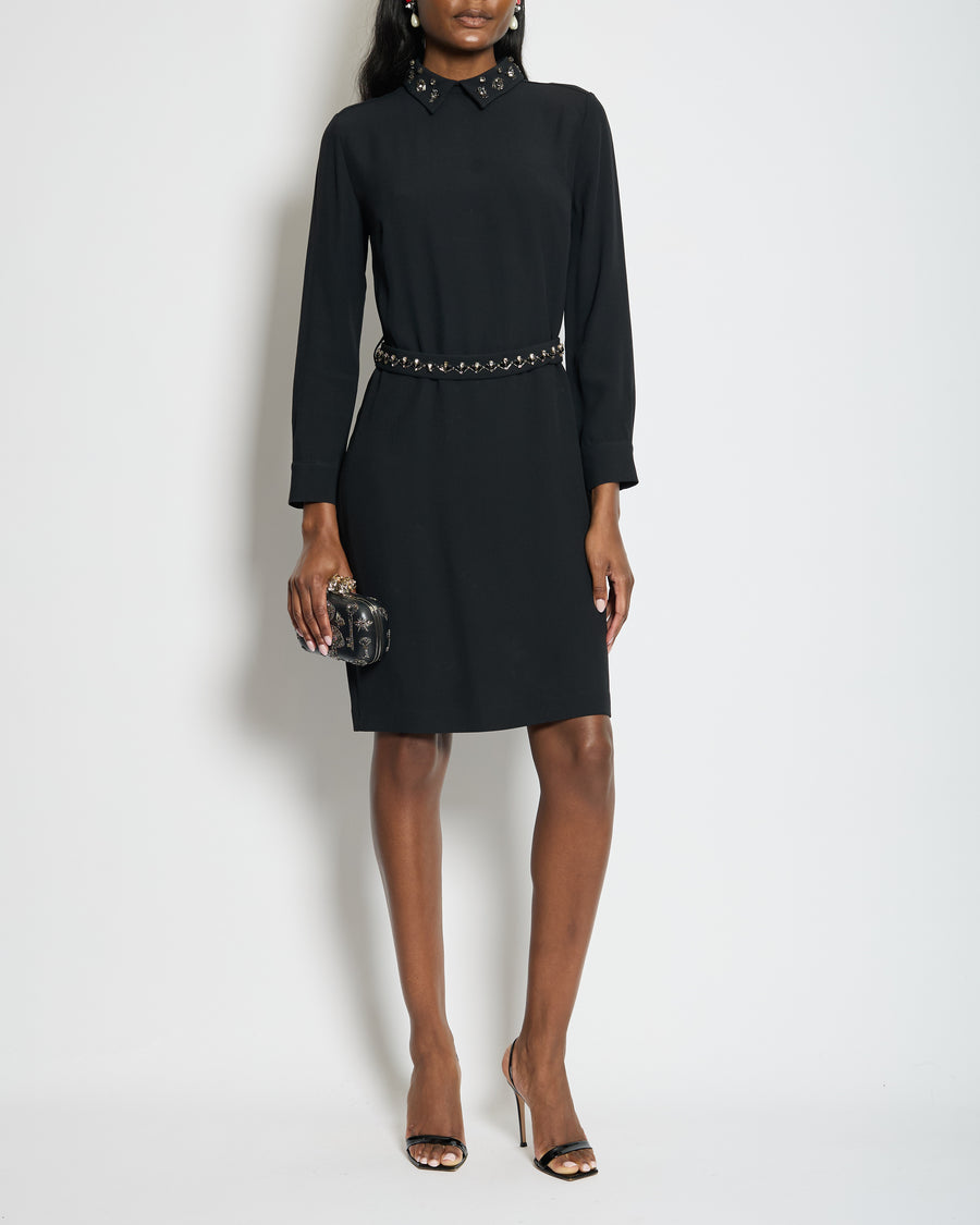 Prada Black Long Sleeve Midi Dress with Crystal Embellishment Details on Collar and Belt Size IT 42 (UK 10)