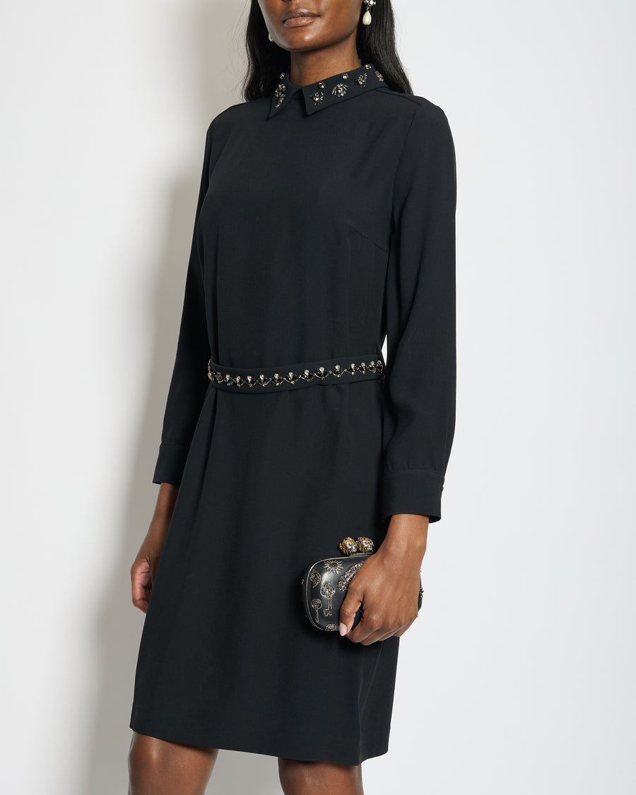 Prada Black Long Sleeve Midi Dress with Crystal Embellishment Details on Collar and Belt Size IT 42 (UK 10)
