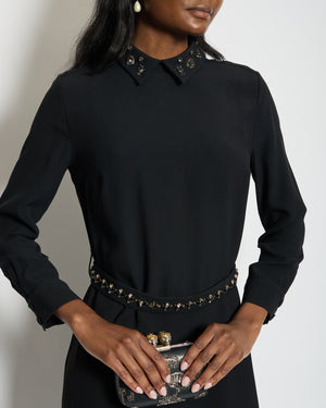 Prada Black Long Sleeve Midi Dress with Crystal Embellishment Details on Collar and Belt Size IT 42 (UK 10)
