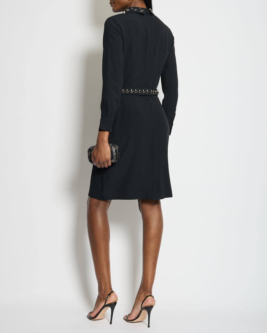 Prada Black Long Sleeve Midi Dress with Crystal Embellishment Details on Collar and Belt Size IT 42 (UK 10)
