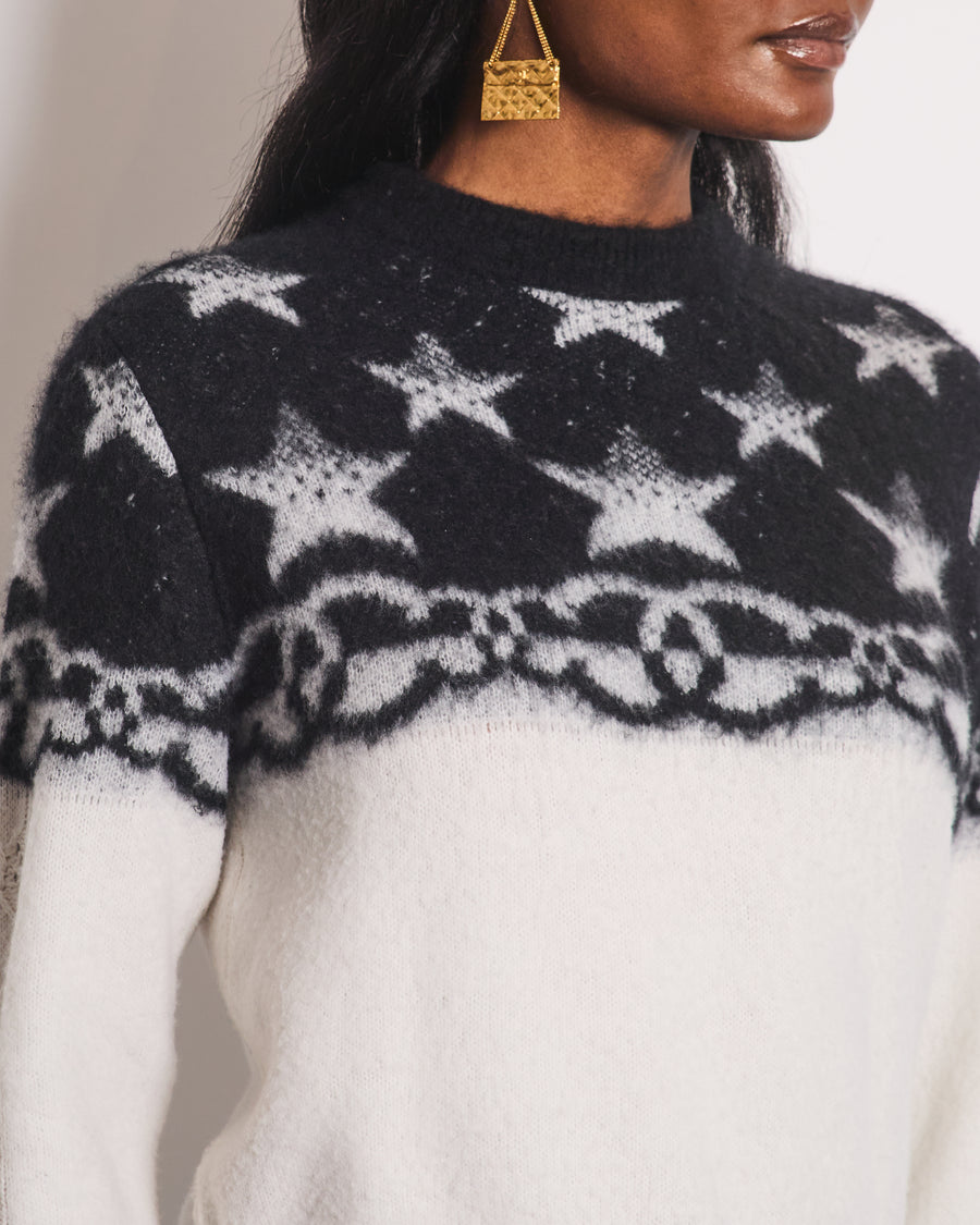 Chanel White and Black Cashmere Blend Jumper With Stars and CC Print Size FR 36 (UK 8) RRP £2440
