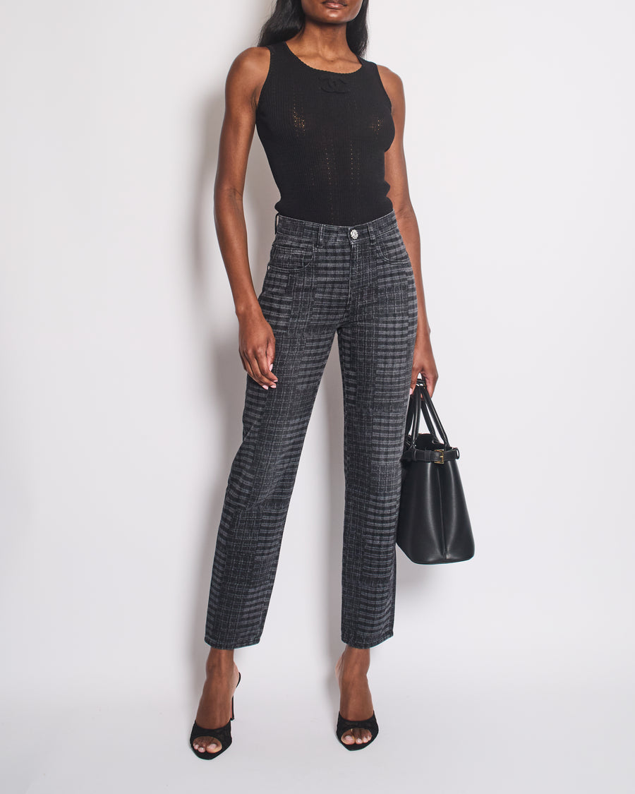 *HOT* Chanel 24A Printed Black Straight Leg Jeans with Camelia Embellished Button Detail Size FR 34 (UK 6) RRP £1850