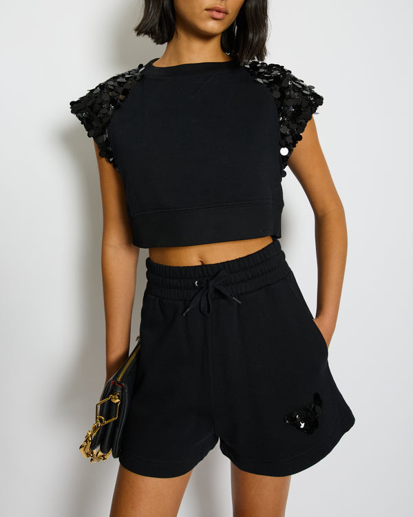 Prada Black Cotton Shorts and Crop Top Set With Sequin Embellishment Detail Size Small (UK 8)