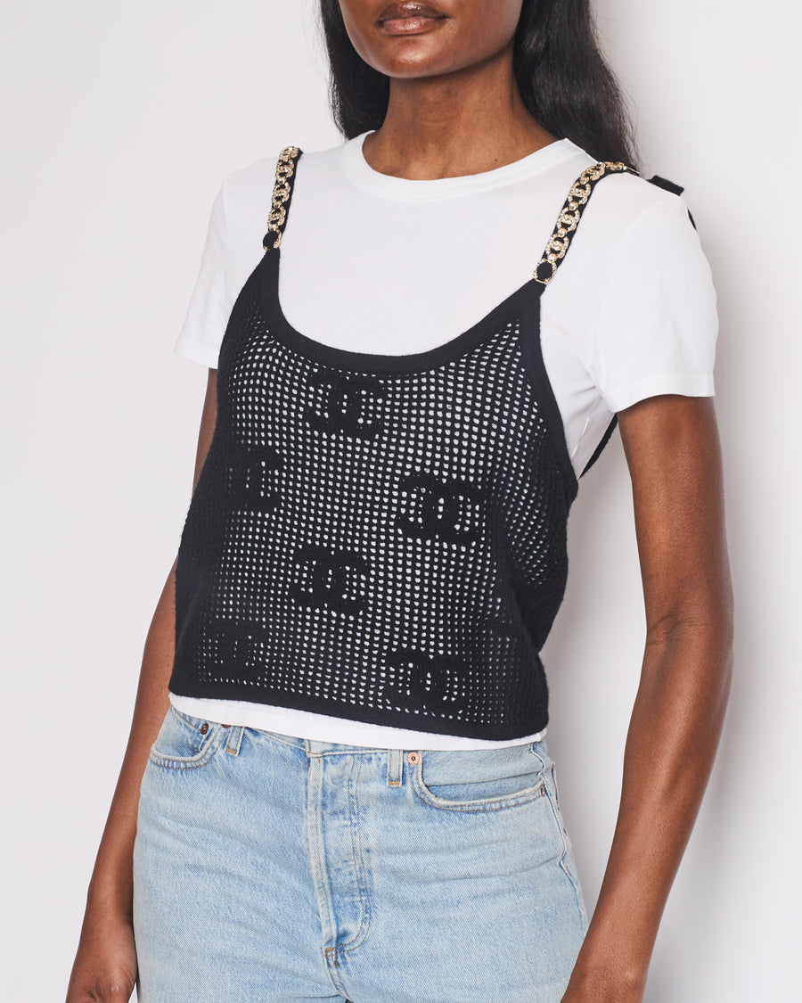 *HOT* Chanel 22C Black Sleeveless Knitted Top with Crystal CC Logo Straps and White Cotton Short Sleeve T-Shirt with Small Crystal Logo Detail Size FR S (UK 8) RRP £3160